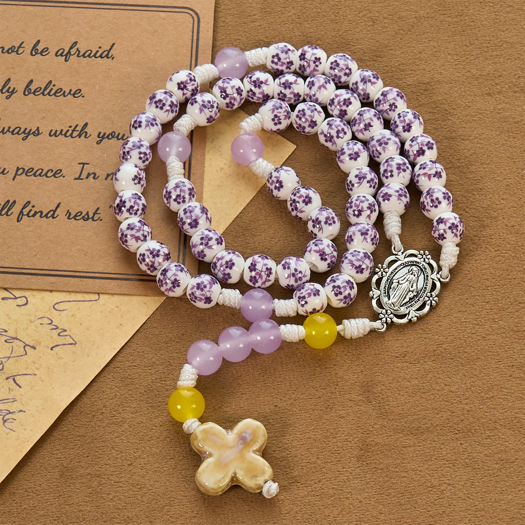 Christianartworkshop Miraculous Medal & Cross of 8mm Flower Ceramic Beads Handmade Rosary for Holy Prayer