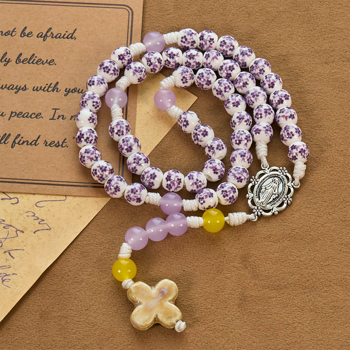 Christianartworkshop Miraculous Medal & Cross of 8mm Flower Ceramic Beads Handmade Rosary for Holy Prayer