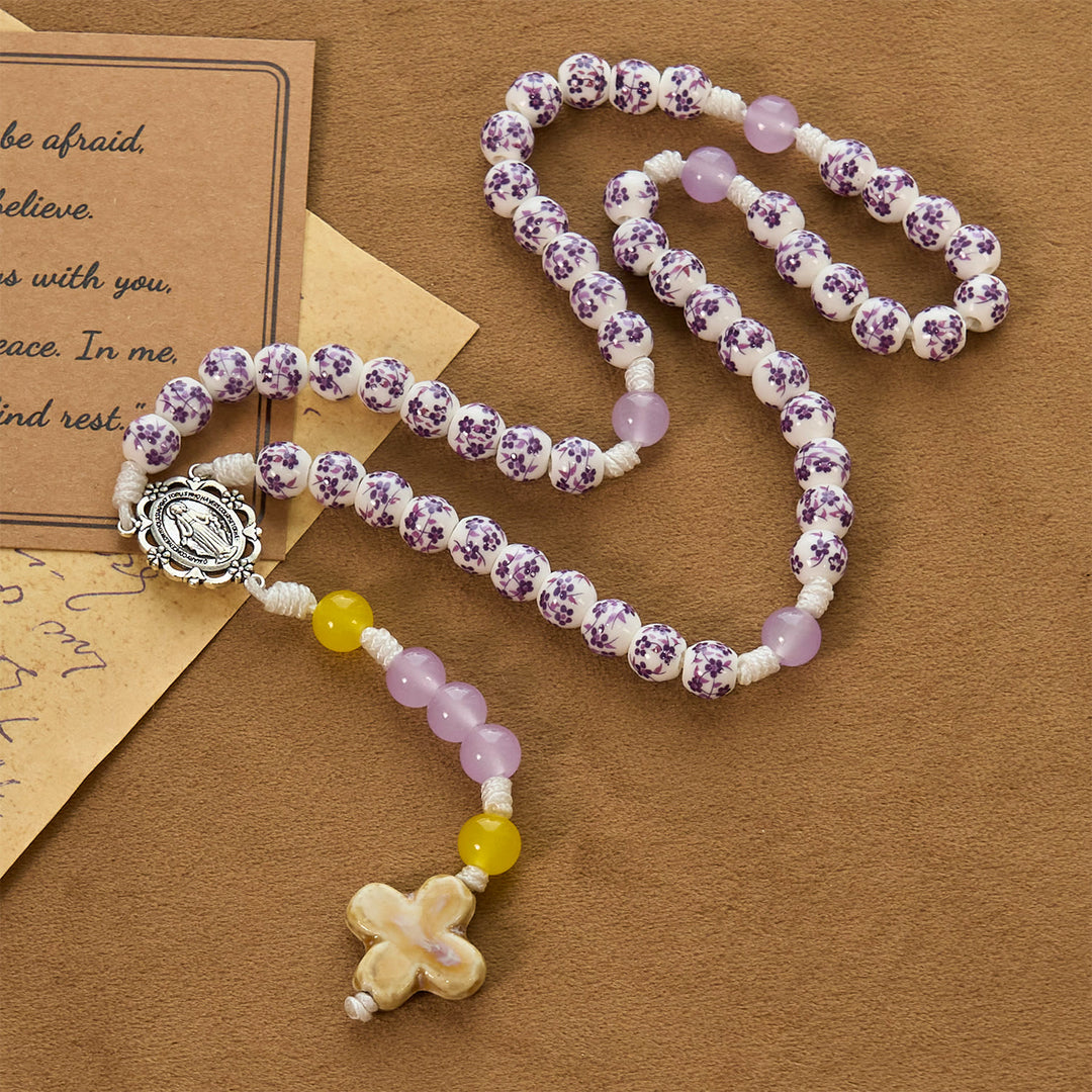 Christianartworkshop Miraculous Medal & Cross of 8mm Flower Ceramic Beads Handmade Rosary for Holy Prayer