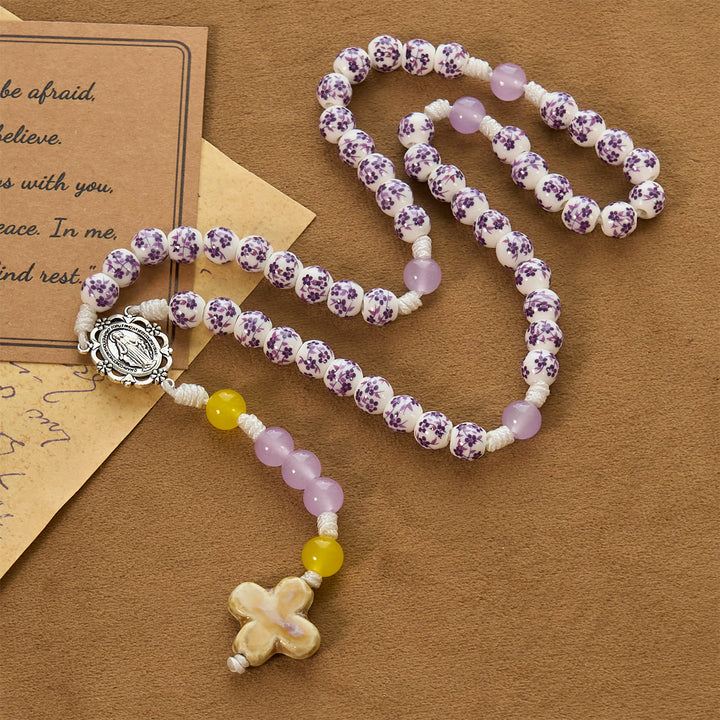 Christianartworkshop Miraculous Medal & Cross of 8mm Flower Ceramic Beads Handmade Rosary for Holy Prayer