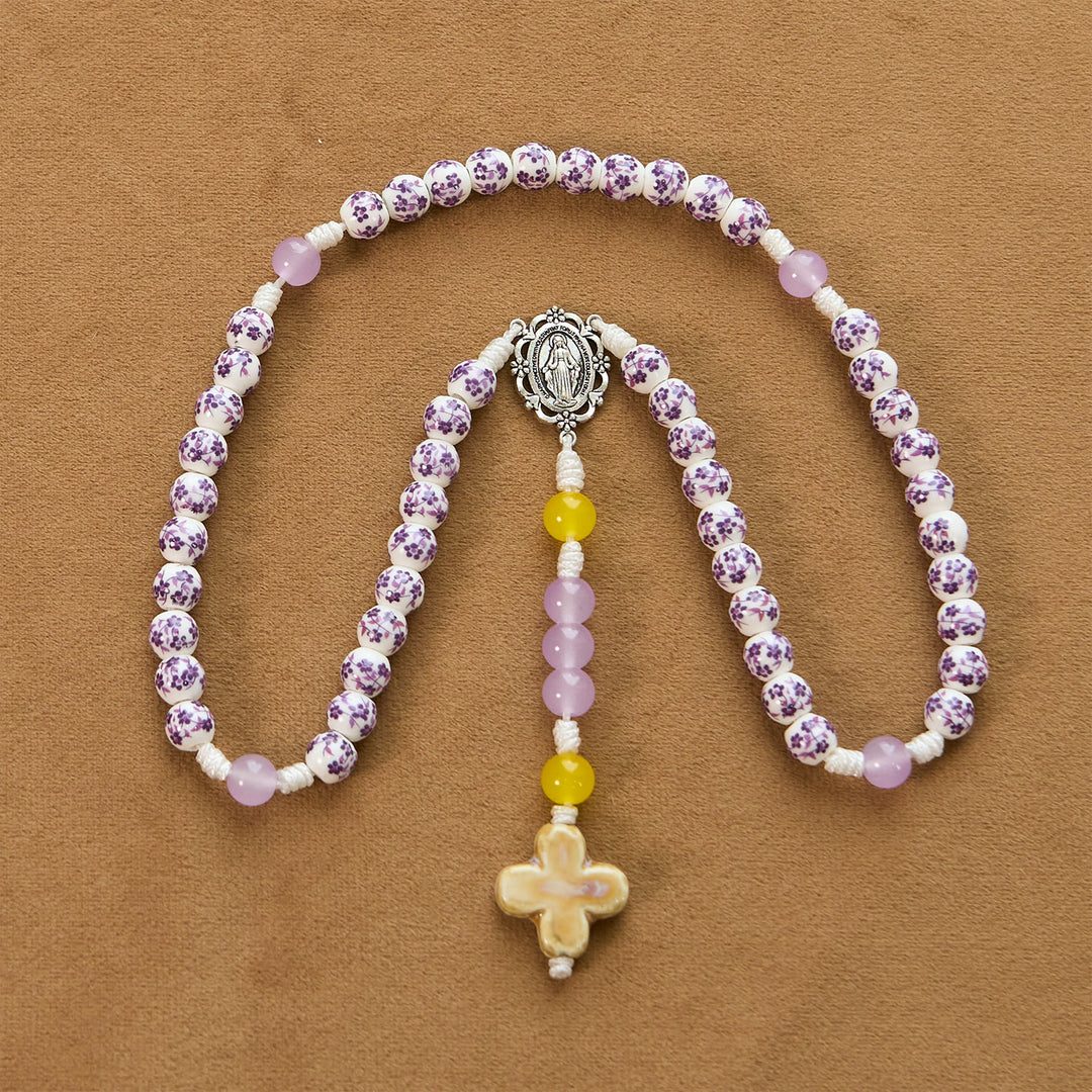 Christianartworkshop Miraculous Medal & Cross of 8mm Flower Ceramic Beads Handmade Rosary for Holy Prayer