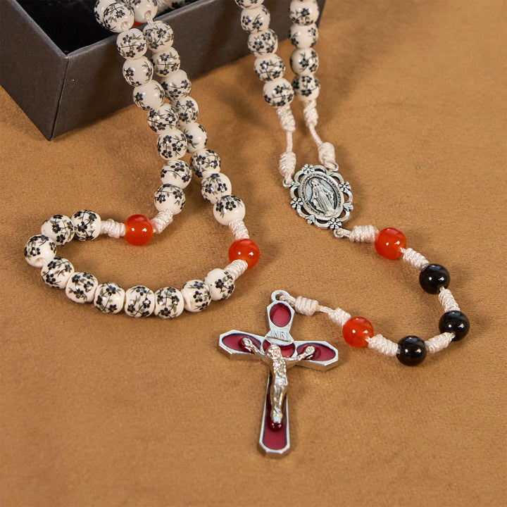 Christianartworkshop Miraculous Medal & Crucifix of 8mm Flower Ceramic Beads Handmade Rosary——Divine Protection Rosary