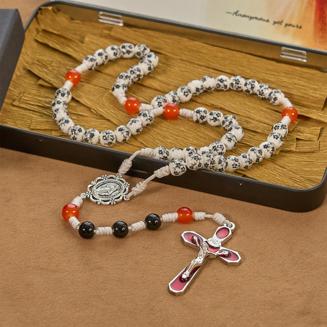 Christianartworkshop Miraculous Medal & Crucifix of 8mm Flower Ceramic Beads Handmade Rosary——Divine Protection Rosary - image 2