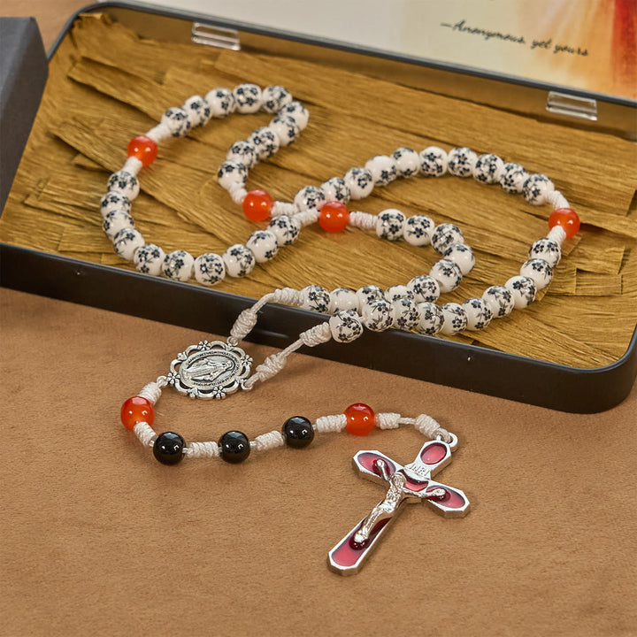 Christianartworkshop Miraculous Medal & Crucifix of 8mm Flower Ceramic Beads Handmade Rosary——Divine Protection Rosary - image 2