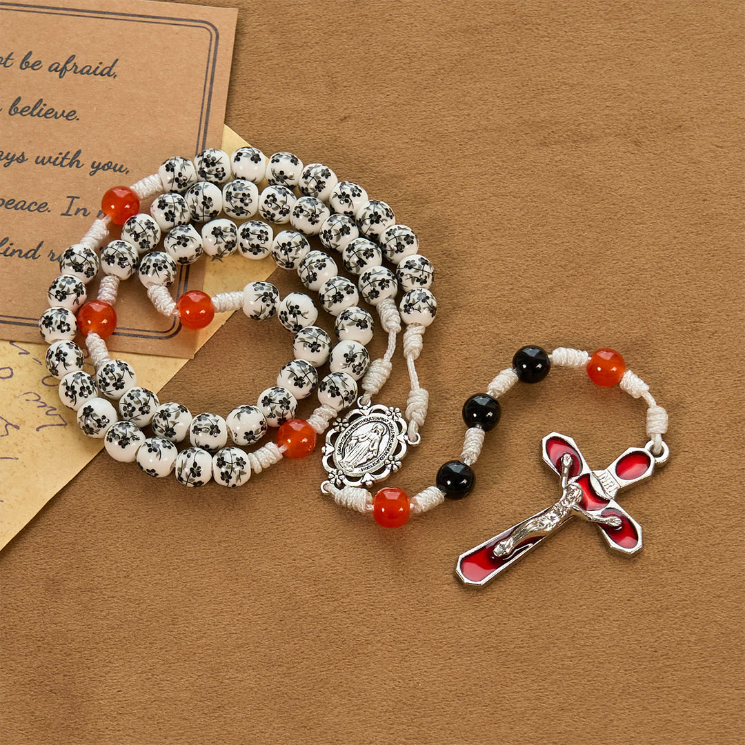 Christianartworkshop Miraculous Medal & Crucifix of 8mm Flower Ceramic Beads Handmade Rosary——Divine Protection Rosary