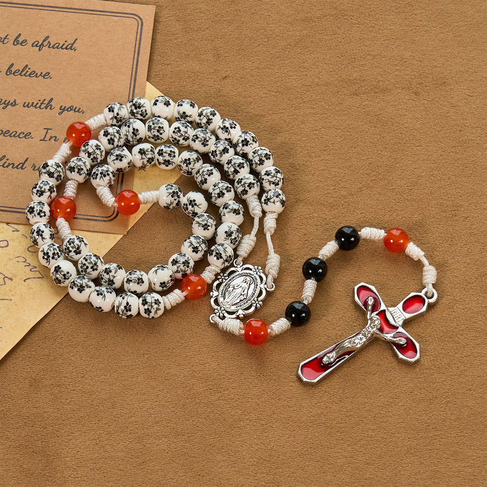 Christianartworkshop Miraculous Medal & Crucifix of 8mm Flower Ceramic Beads Handmade Rosary——Divine Protection Rosary - image 1