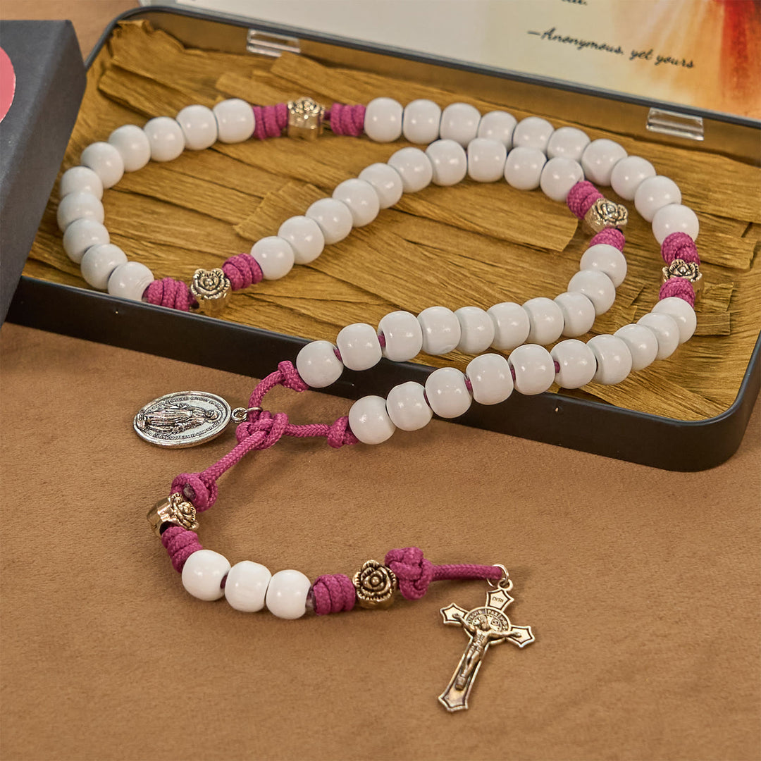 Christianartworkshop Grace - Infused Rosary: Handmade White Bead Rosary with Mary's Medal and Floral Accents - image 3