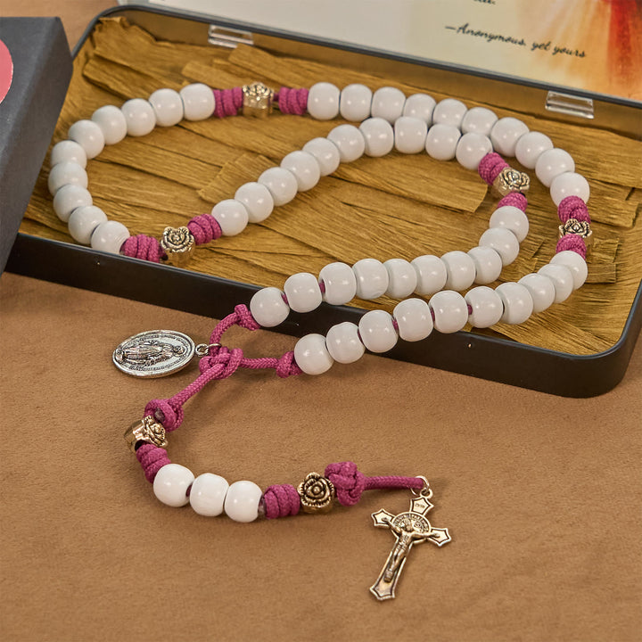 Christianartworkshop Grace - Infused Rosary: Handmade White Bead Rosary with Mary's Medal and Floral Accents - image 3