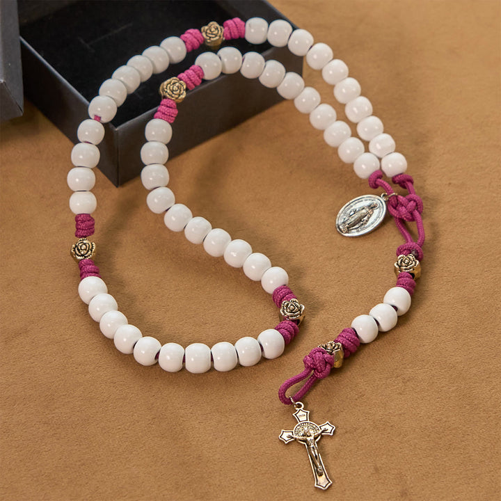 Christianartworkshop Grace - Infused Rosary: Handmade White Bead Rosary with Mary's Medal and Floral Accents - image 2