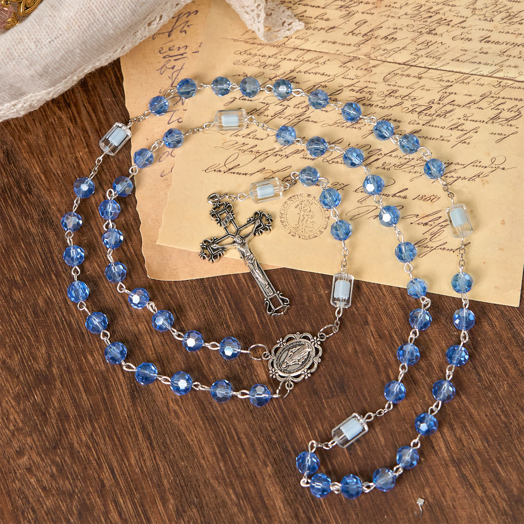 Christianartworkshop Handmade Crucifix Blue Crystal & Glass Our Lady Beads Divine Grace Rosary - image 1