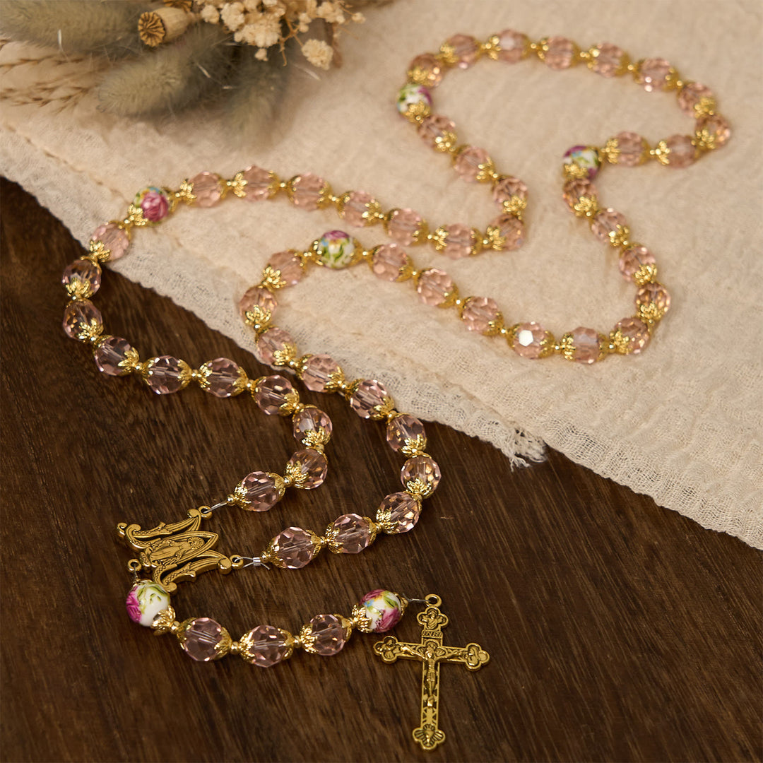 Christianartworkshop Jesus Is The Gift: Pink Crystal Beads Crucifix & Virgin Mary Rosary with Gift Card - image 6