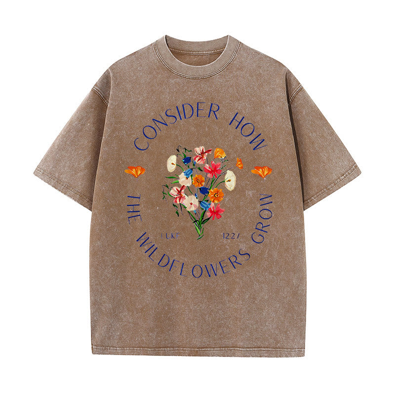Christianartworkshop "Consider How The Wildflowers Grow" Unisex Washed T-Shirt - Coffee - 5XL - image 5