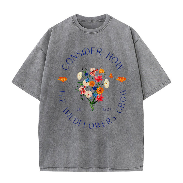 Christianartworkshop "Consider How The Wildflowers Grow" Unisex Washed T-Shirt - Grey - 5XL - image 3