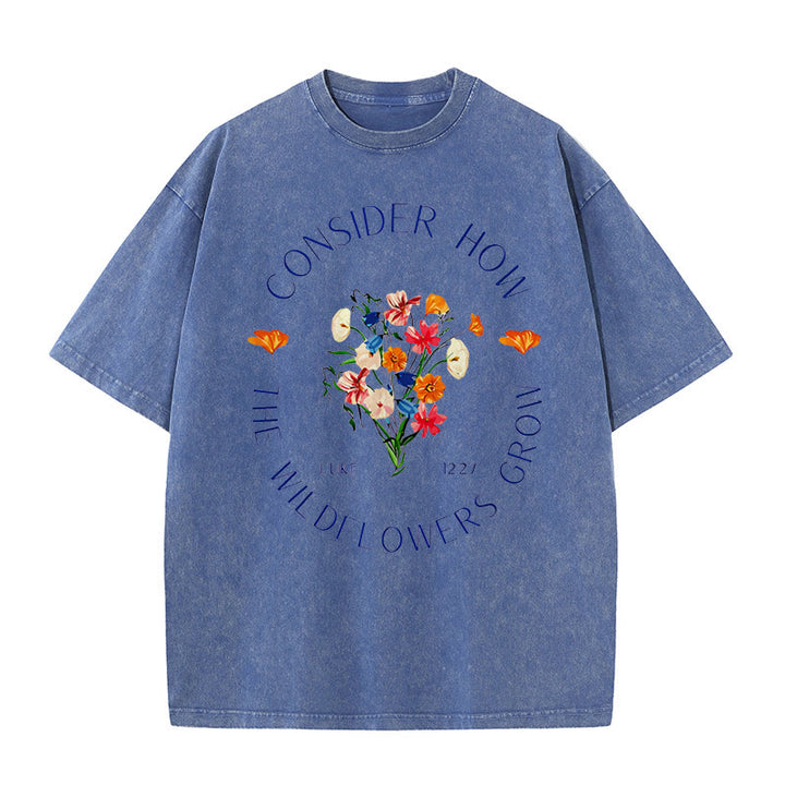 Christianartworkshop "Consider How The Wildflowers Grow" Unisex Washed T-Shirt - Blue - 5XL - image 2