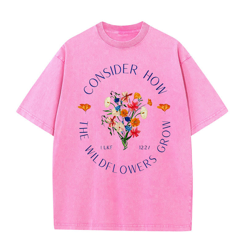 Christianartworkshop "Consider How The Wildflowers Grow" Unisex Washed T-Shirt - Pink - 5XL - image 6