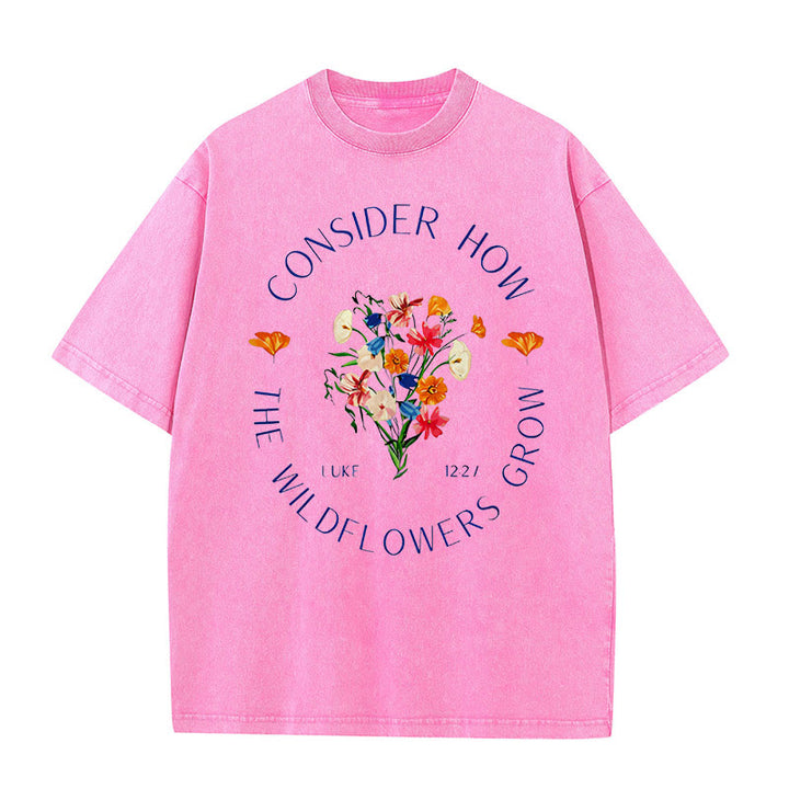 Christianartworkshop "Consider How The Wildflowers Grow" Unisex Washed T-Shirt - Pink - 5XL - image 6