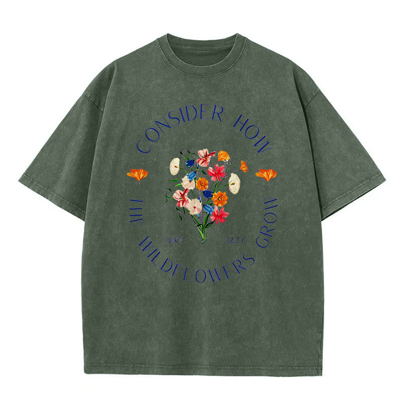 Christianartworkshop "Consider How The Wildflowers Grow" Unisex Washed T-Shirt - Army Green - 5XL - image 4