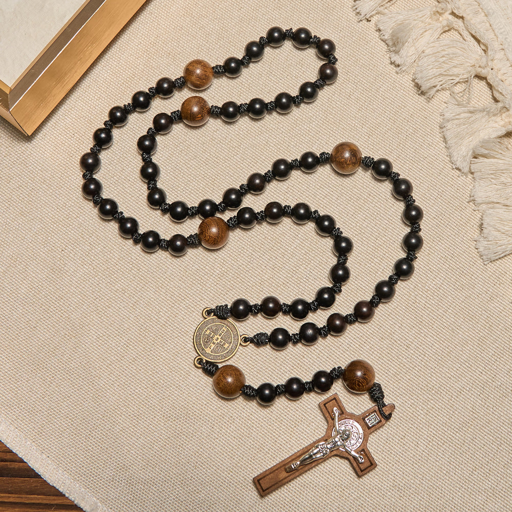Christianartworkshop St. Benedict Medal & Crucifix of Black Wooden Round Beads Blessed Devotion Rosary - image 1