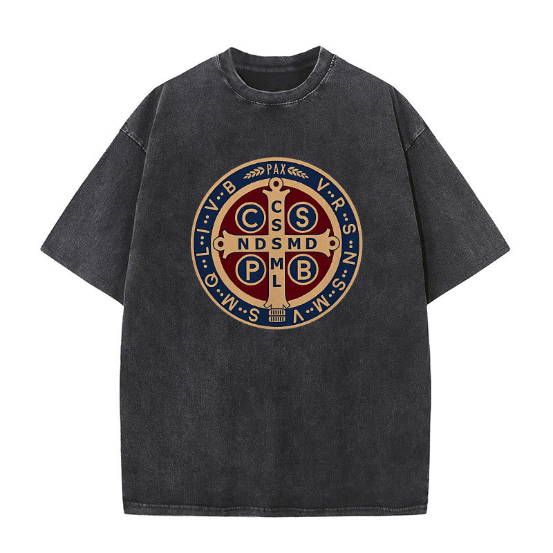 Christianartworkshop St. Benedict Medal Holy Cross Unisex Washed T-Shirt - Black - 5XL - image 1