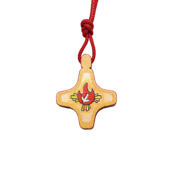 Christianartworkshop Holy Spirit Wooden Cross Pendant and Red Enameled Medal Necklace - image 5