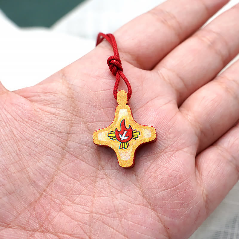 Christianartworkshop Holy Spirit Wooden Cross Pendant and Red Enameled Medal Necklace - image 2