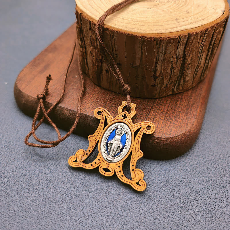 Christianartworkshop Vintage Olive Wood Miraculous Medal Necklace: A Timeless Emblem of Divine Grace - image 1