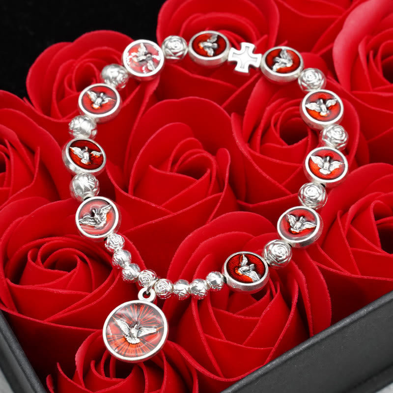 Christianartworkshop Enamel Holy Spirit with Cross and Rose Beads Bracelet: Cherished Symbol of Blessed Protection - image 1