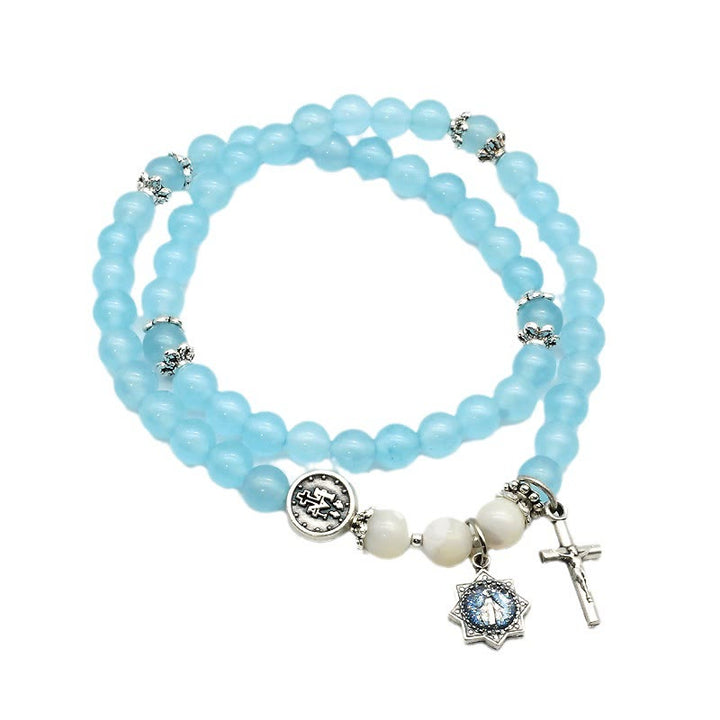 Christianartworkshop 6mm Light Blue Bead Miraculous Medal & Crucifix Minimalist Bracelet: A Symbol of Faith - image 6