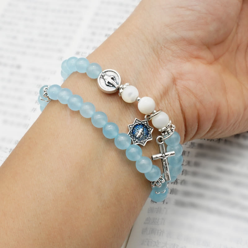 Christianartworkshop 6mm Light Blue Bead Miraculous Medal & Crucifix Minimalist Bracelet: A Symbol of Faith - image 2