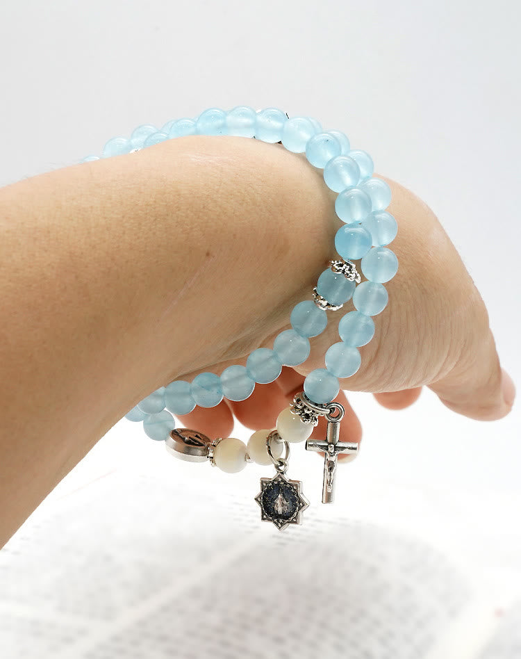Christianartworkshop 6mm Light Blue Bead Miraculous Medal & Crucifix Minimalist Bracelet: A Symbol of Faith - image 4