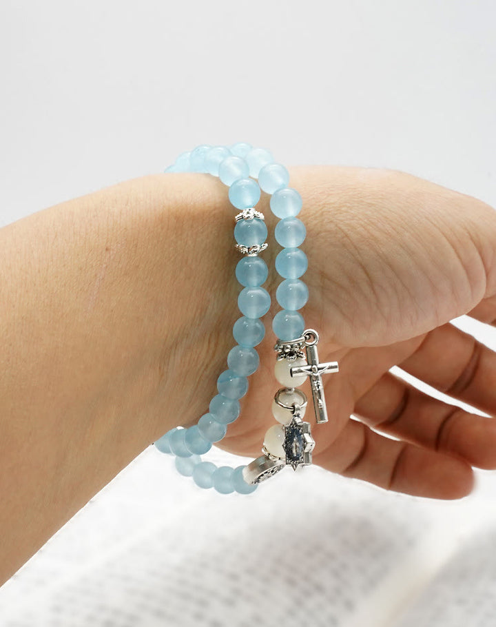Christianartworkshop 6mm Light Blue Bead Miraculous Medal & Crucifix Minimalist Bracelet: A Symbol of Faith - image 4