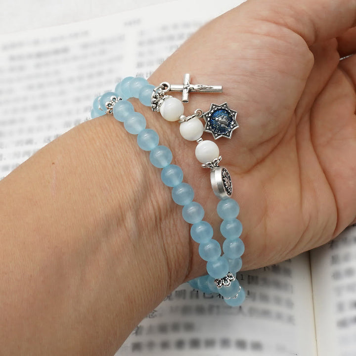 Christianartworkshop 6mm Light Blue Bead Miraculous Medal & Crucifix Minimalist Bracelet: A Symbol of Faith - image 3