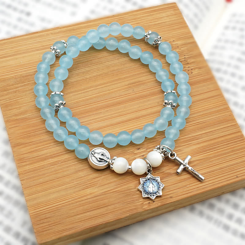 Christianartworkshop 6mm Light Blue Bead Miraculous Medal & Crucifix Minimalist Bracelet: A Symbol of Faith - image 1