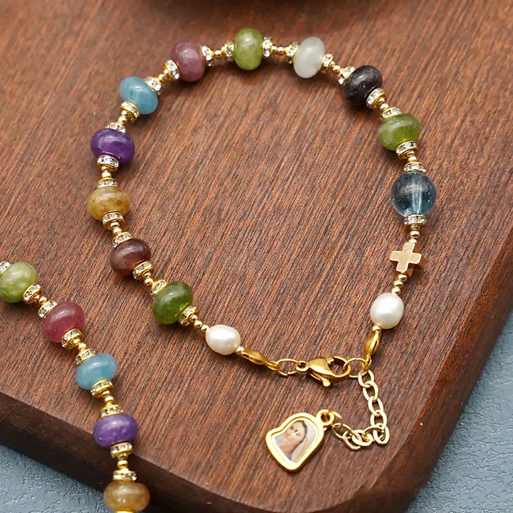 Christianartworkshop Miraculous Medal & Cross of Round Multicolor Natural Tourmaline Agate Bracelet - image 0