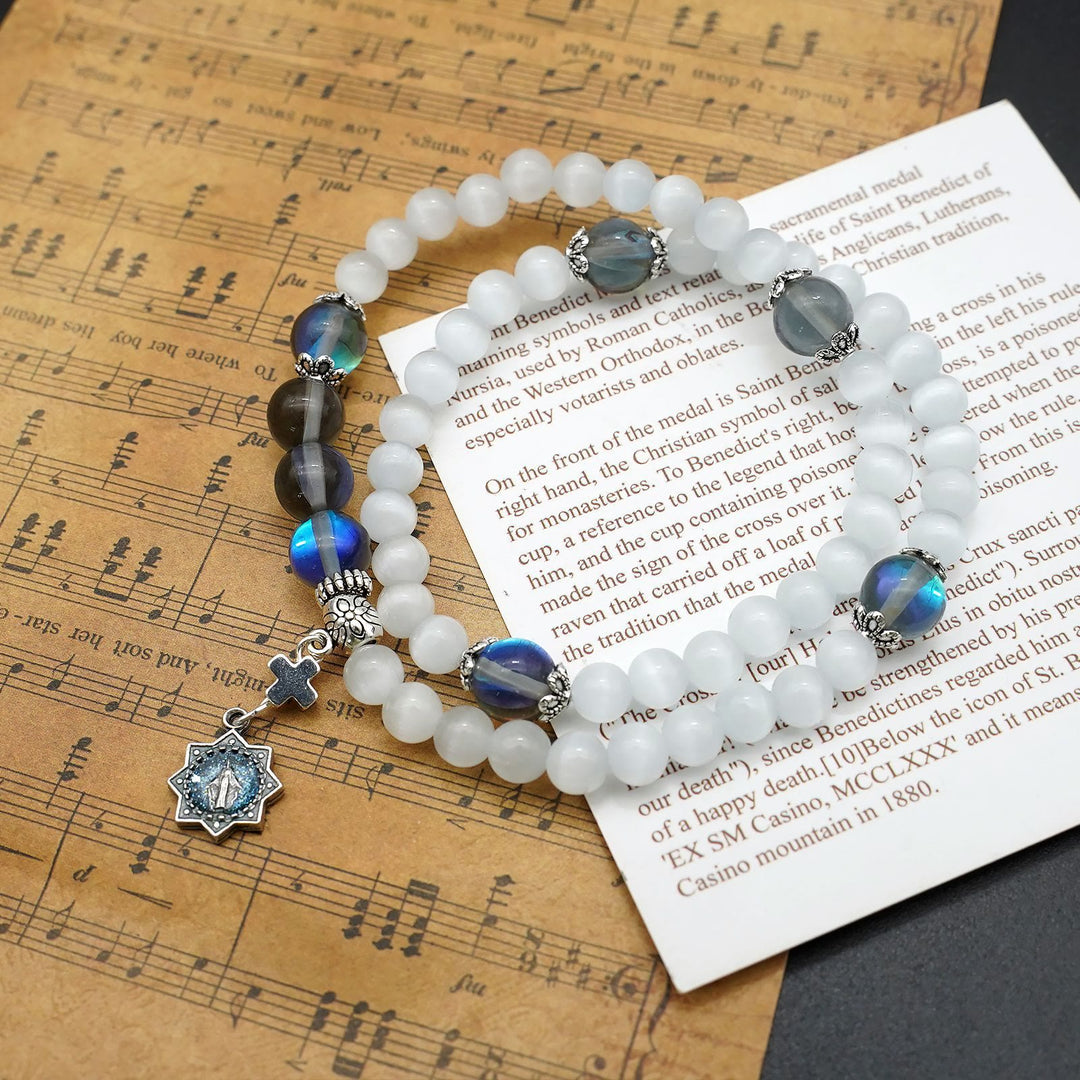 Christianartworkshop Minimalist Adjustable Bracelet with Multicolored Cat's Eye Stones and Miraculous Medal - Grey - image 1