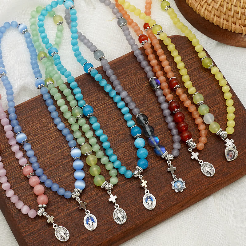 Christianartworkshop Minimalist Adjustable Bracelet with Multicolored Cat's Eye Stones and Miraculous Medal - image 1