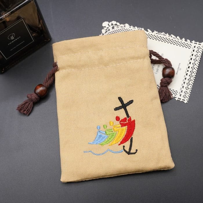 Christianartworkshop Jubilee Pilgrim Cotton Jewelry Pouches Storage Bag with Colorful Sailboat & Cross Embroidery: Divine Protection - Khaki - image 1