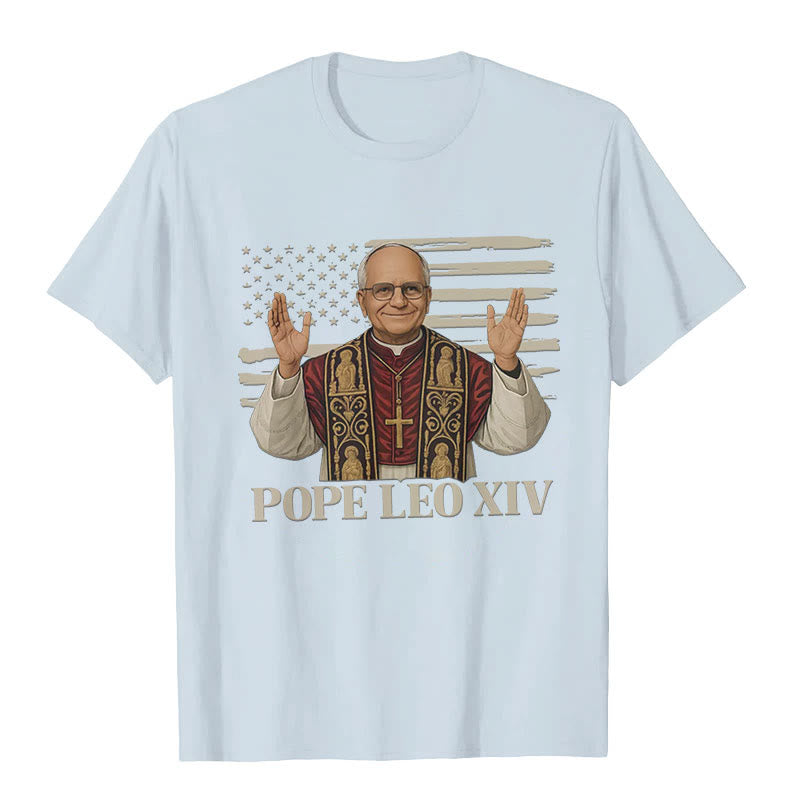 Christianartworkshop Pope Leo XIV with Patriotic Flair Unisex T-shirt - Light Blue - 2XL - image 6