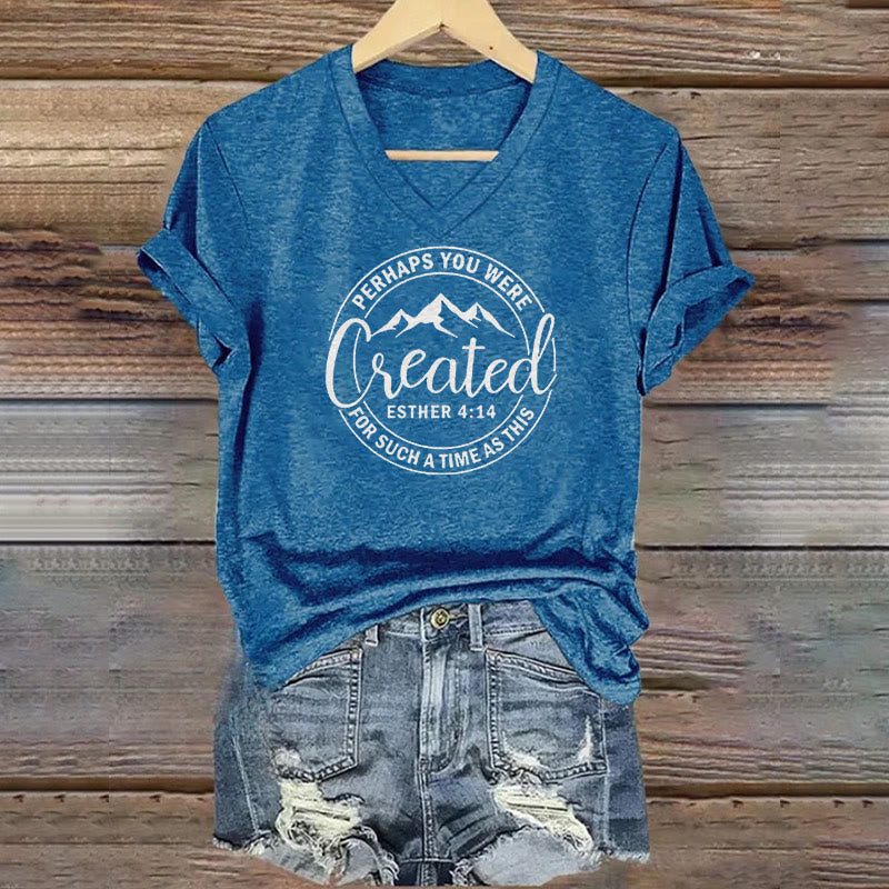 Christianartworkshop Women's Perhaps You Were Created Print Casual V-Neck T-shirt - Blue - 4XL - image 1