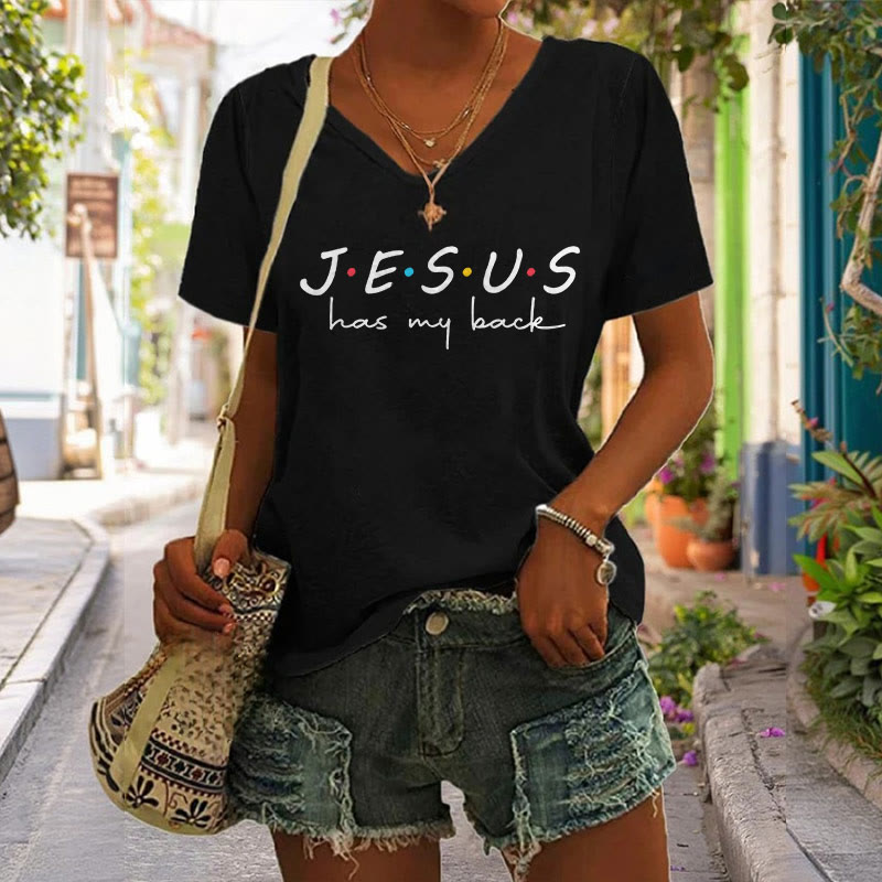 Christianartworkshop Women's Jesus Has My Back Print V-Neck T-shirt - image 2