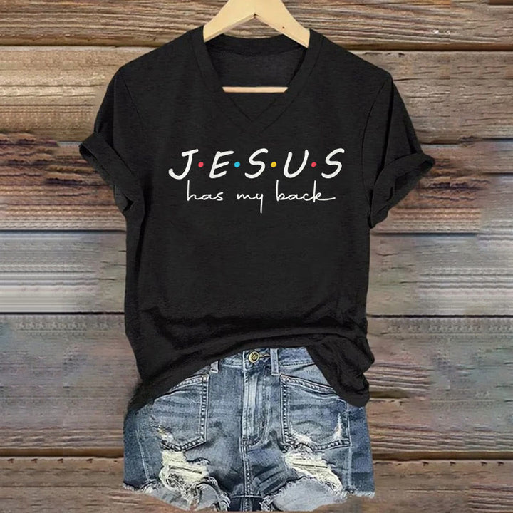 Christianartworkshop Women's Jesus Has My Back Print V-Neck T-shirt
