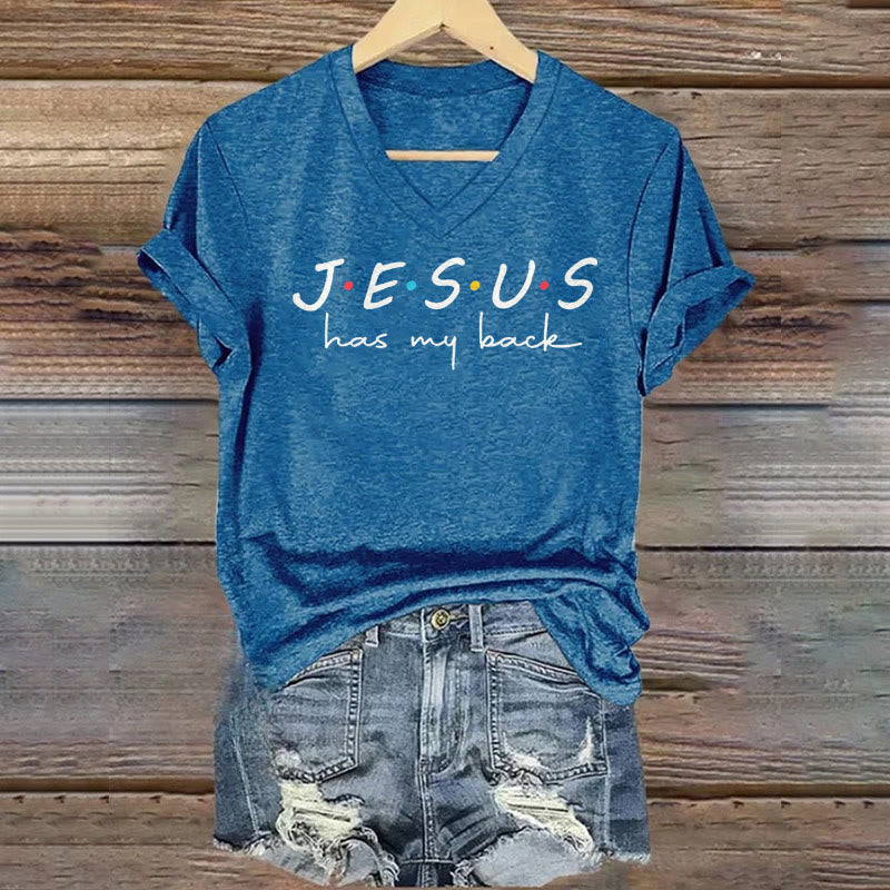 Christianartworkshop Women's Jesus Has My Back Print V-Neck T-shirt