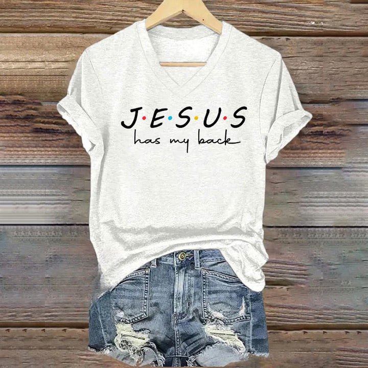Christianartworkshop Women's Jesus Has My Back Print V-Neck T-shirt
