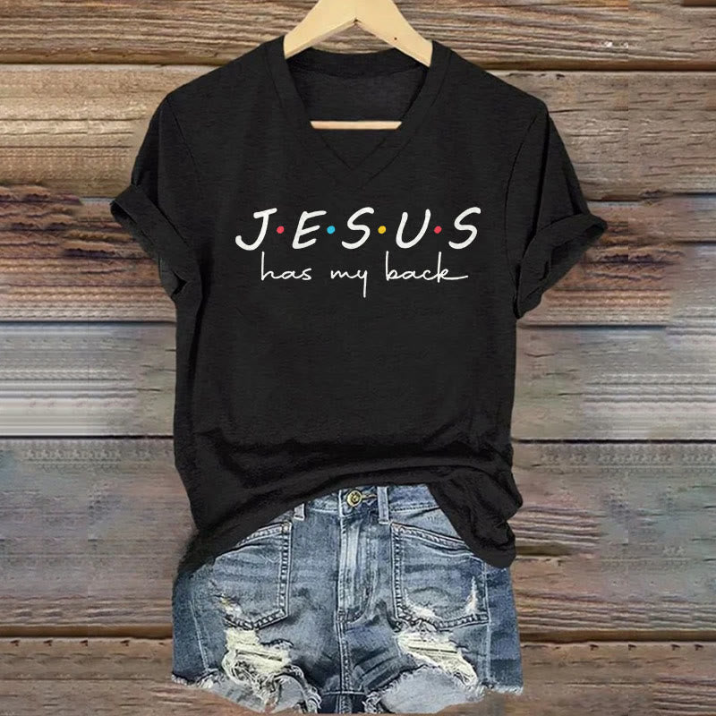 Christianartworkshop Women's Jesus Has My Back Print V-Neck T-shirt - Black - 4XL - image 1