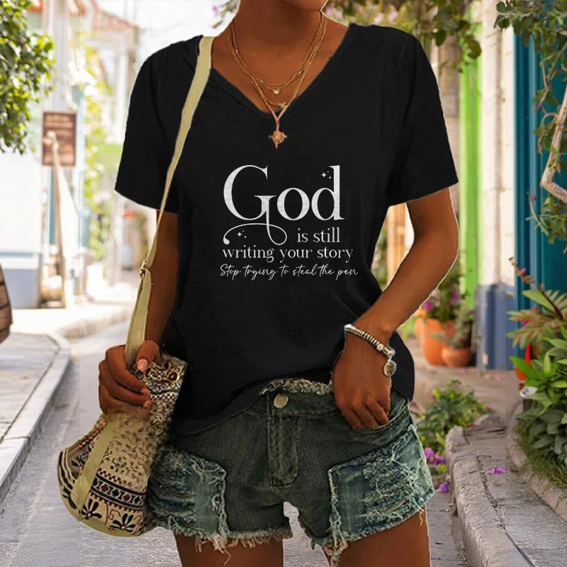 Christianartworkshop Women's God Is Still Writing Your Story Print V-Neck T-shirt - image 4