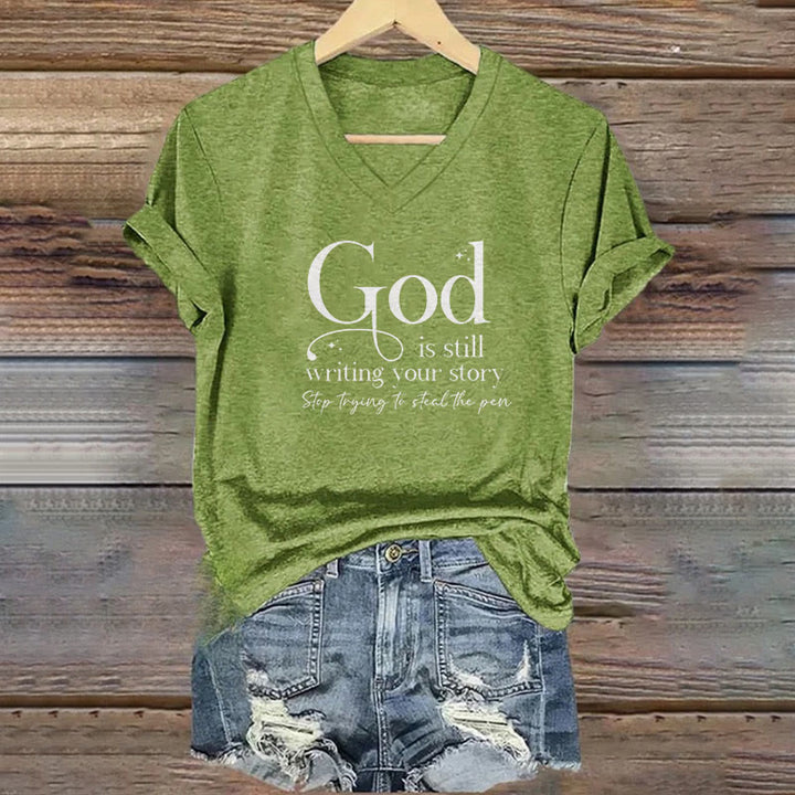 Christianartworkshop Women's God Is Still Writing Your Story Print V-Neck T-shirt - Green - 4XL - image 7