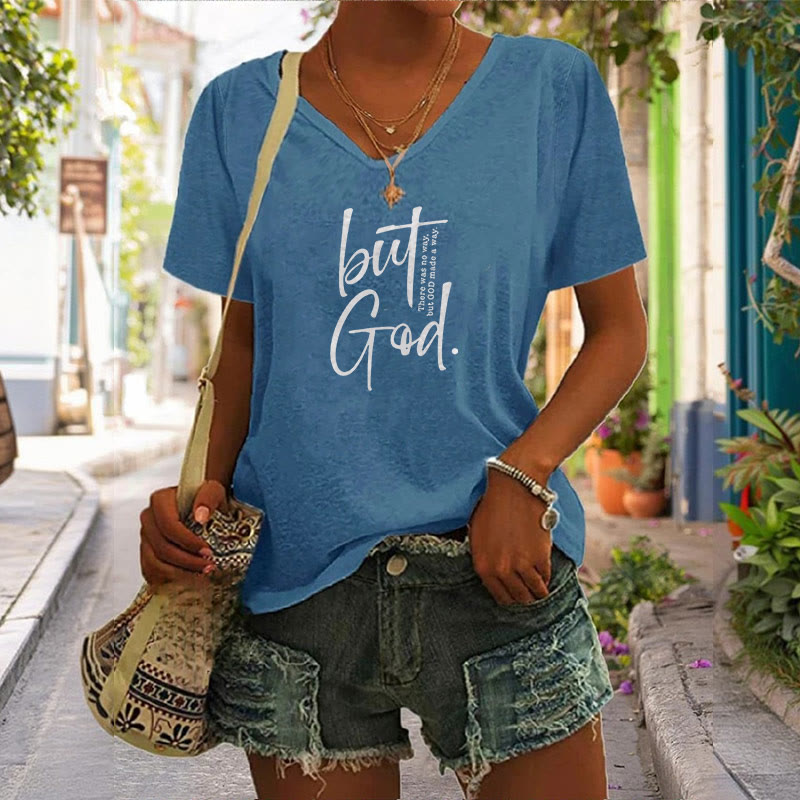 Christianartworkshop Women's Faith Christian But God Bible Verse Print V-Neck T-shirt