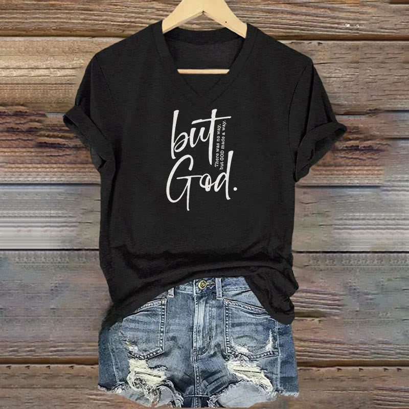 Christianartworkshop Women's Faith Christian But God Bible Verse Print V-Neck T-shirt - Black - 4XL - image 1