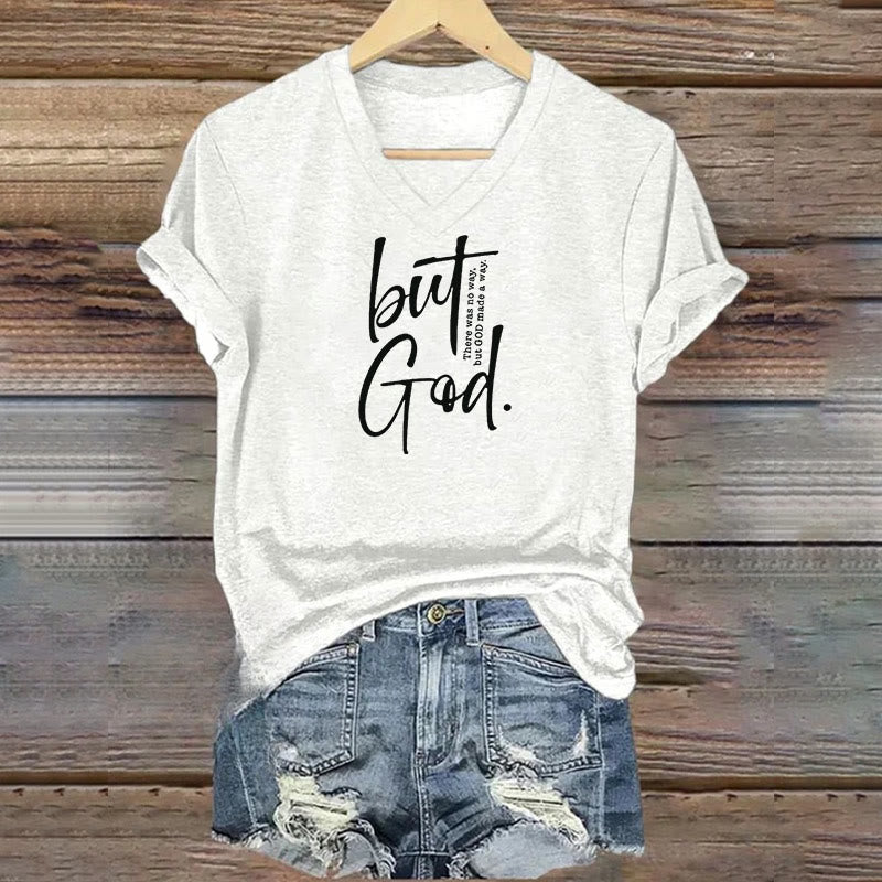 Christianartworkshop Women's Faith Christian But God Bible Verse Print V-Neck T-shirt