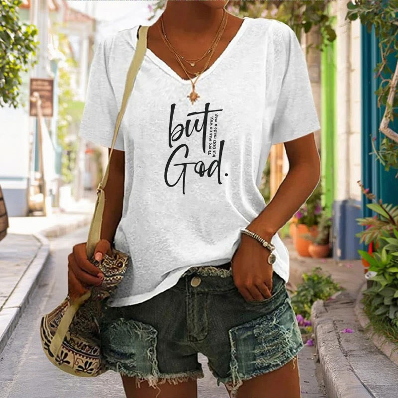 Christianartworkshop Women's Faith Christian But God Bible Verse Print V-Neck T-shirt